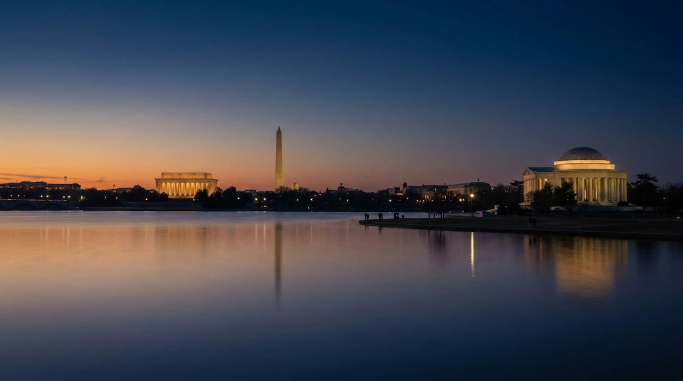 Golden-hour city skyline at dusk