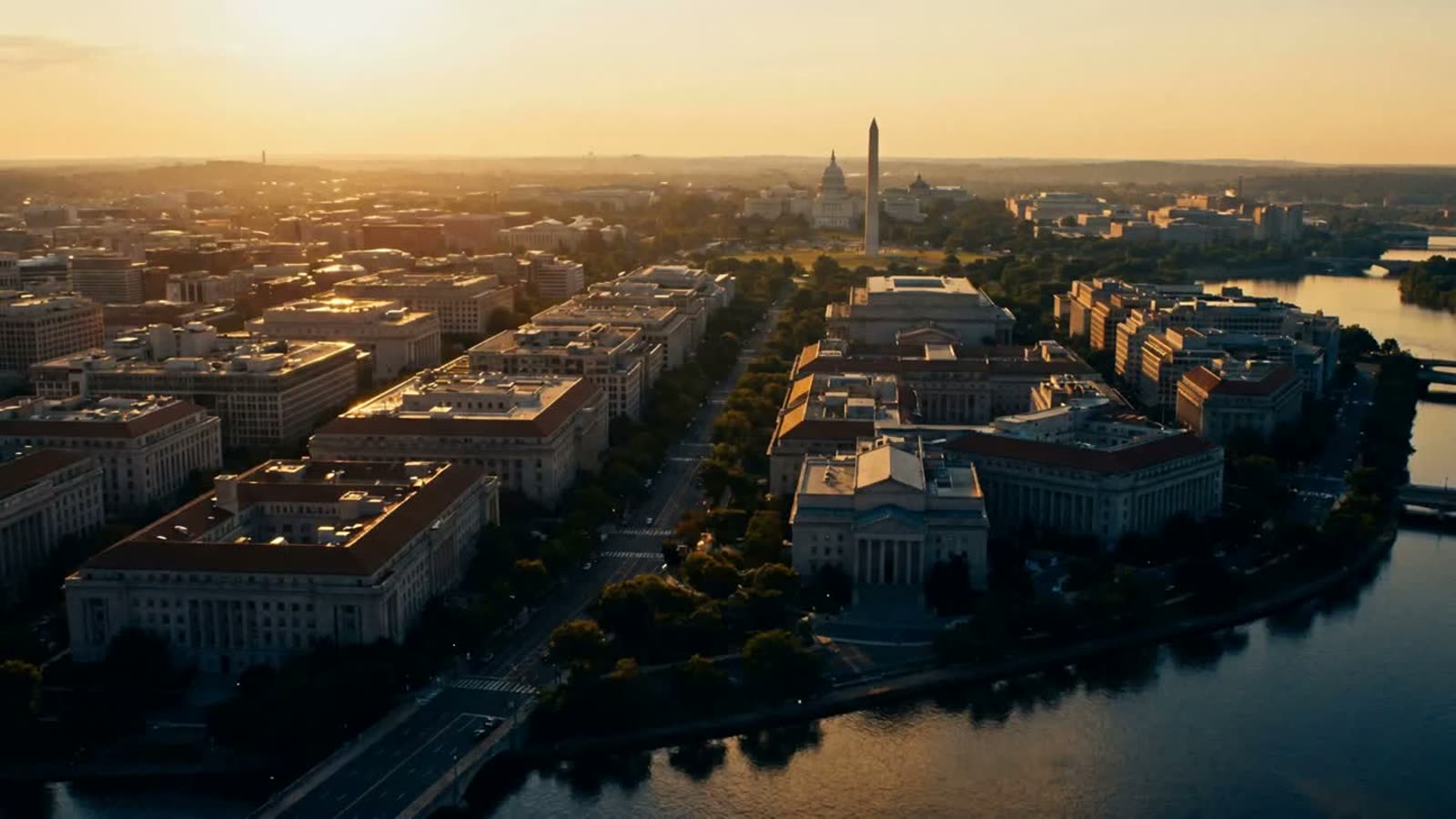 Aerial view of Washington DC at golden hour