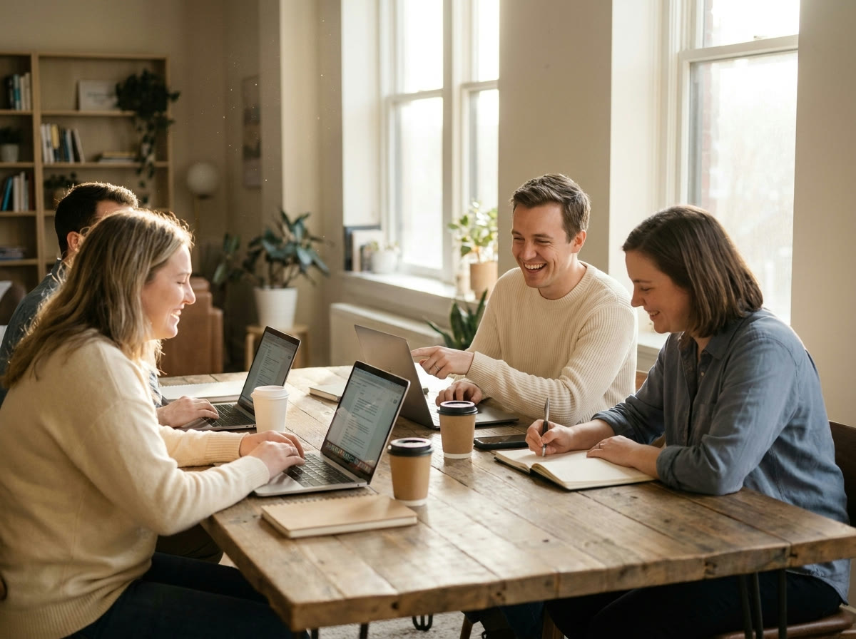 A small team collaborating in a light-filled office
